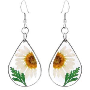 Preserved Mums Flower Teardrop Vintage Long Summer Earring for Women Jewelry